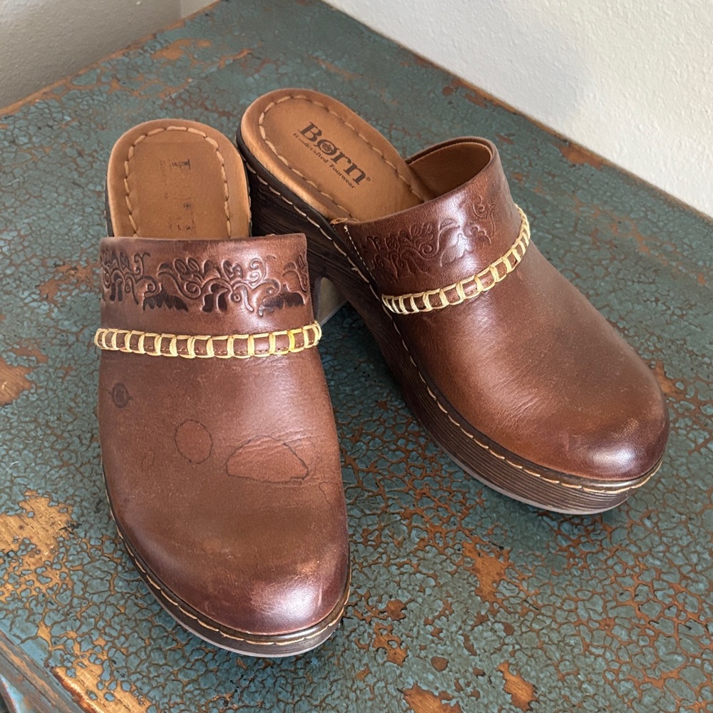 Born Women's Embossed Brown Leather Mules